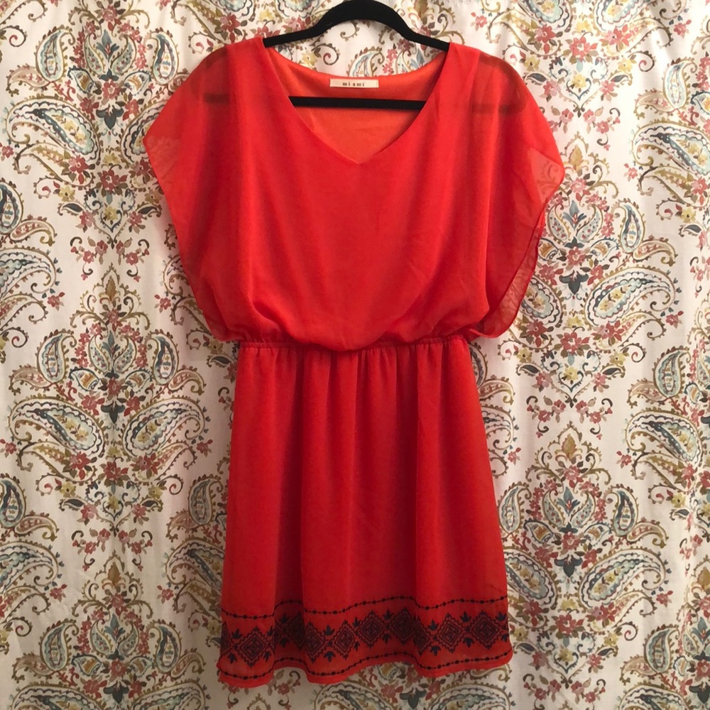 Coral Color Embridered Mini Dress - Picture 2 of 4